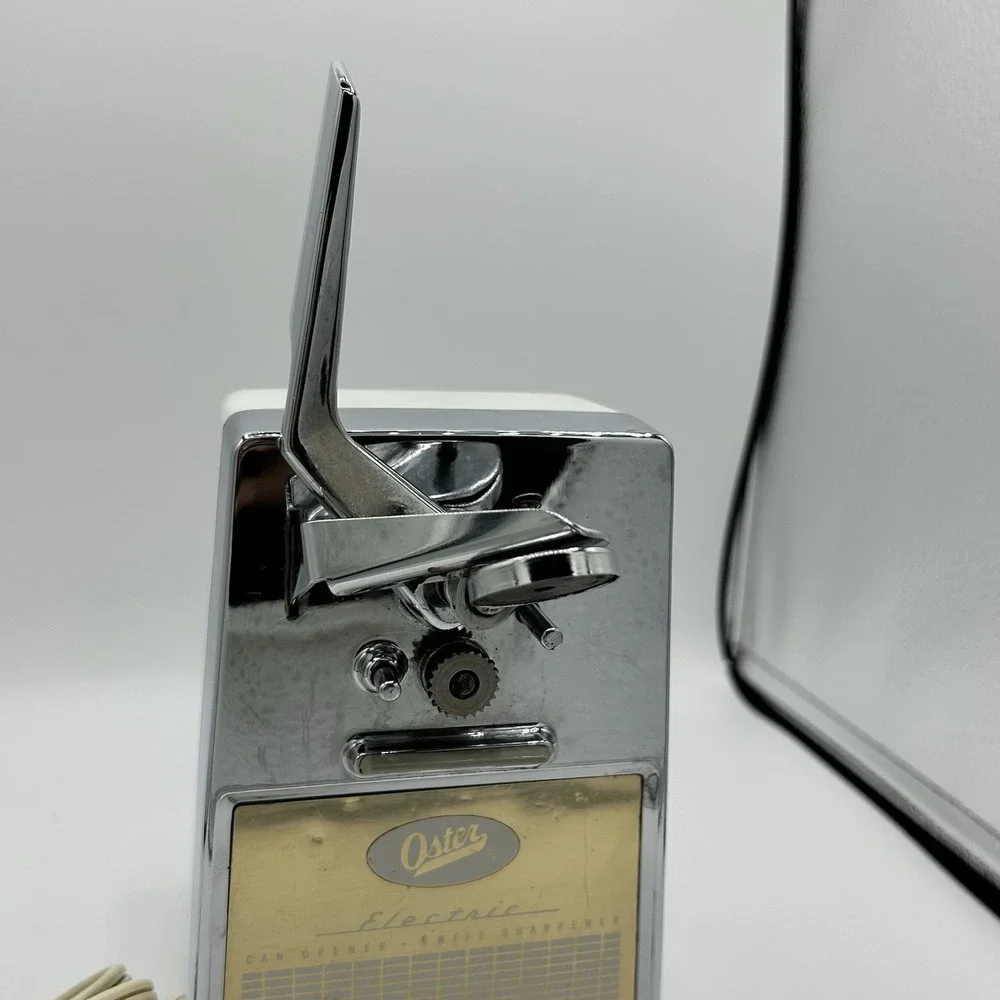 Vintage Oster Chrome / White Can Opener & Knife Sharpener Mid-Century. Tested